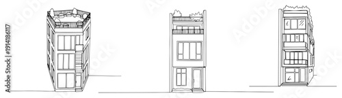Architectural sketches of a narrow modern corner building with rooftop balcony in line art style