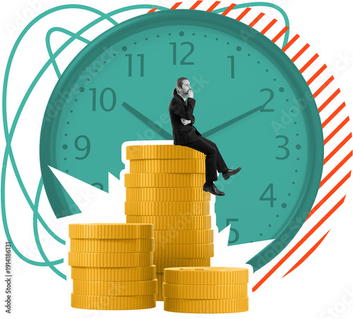 Bild auf Leinwand Businessman in suit sitting on stacked gold coins in front of a large green cloc