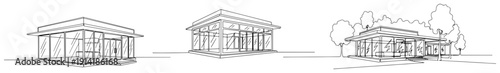 Set of modern glass pavilion building sketches in minimalist line art style featuring flat roofs and trees