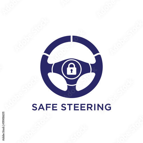 Modern car steering wheel with secure padlock icon for automotive safety system and driving security service logo named Safe Steering