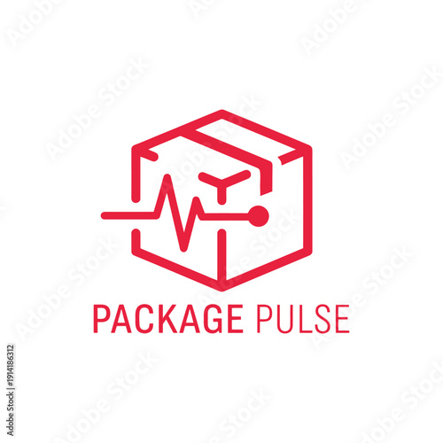 Isometric delivery box icon with heartbeat pulse line for fast shipping service and logistics tracking business logo named Package Pulse