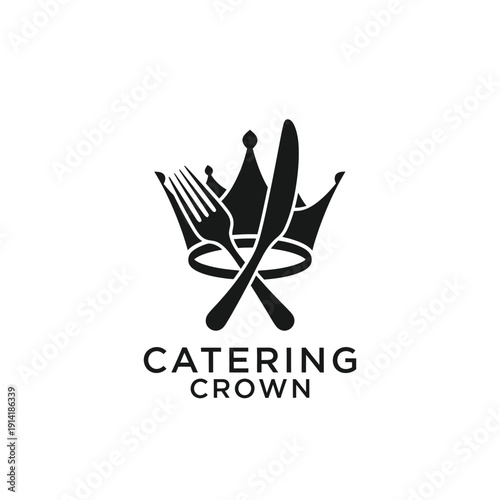 Royal crown with crossed fork and knife icon for premium restaurant or dining service logo mascot illustration called Catering Crown