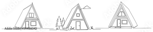 Set of modern A-frame cabin house designs in minimalist line art style