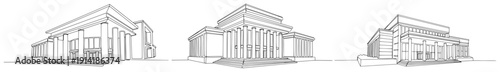 Collection of monumental neoclassical building sketches with grand columns in minimalist style