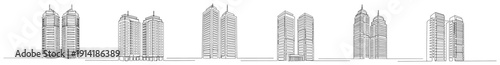 Set of modern skyscraper twin tower building designs in minimalist line art style
