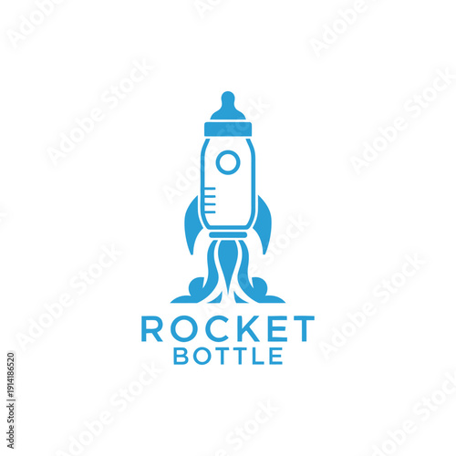 Blue baby milk bottle with rocket fins and smoke icon for modern nursery product or pediatric brand identity rocket bottle logo