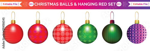 Christmas ornament ball hanging vector set, red, green, blue, gold baubles with stripes, stars, snowflakes pattern, Holiday decorations design elements isolated on white background.