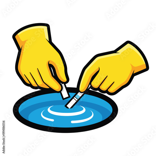 Hands stirring a blue liquid in a circular motion with whisks in a graphic illustration