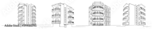 Multiple perspectives of modern residential apartment buildings with balconies in line drawing style