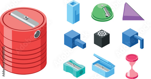 Colorful Pencil Sharpener Vector Set Featuring Manual and Rotary Sharpeners, Stationery Tools, and Geometric Designs for School and Office Use