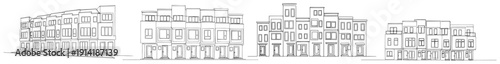 Set of modern urban townhouse facades in minimalist architectural line art style
