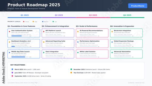 Professional product roadmap infographic with quarterly timeline, feature cards, progress tracking, and milestones. Perfect for product managers, tech teams, startups. Includes priority system