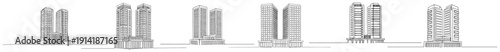 Collection of modern skyscraper twin tower sketches in minimalist architectural line art style