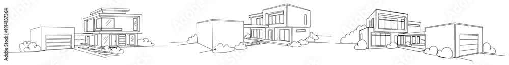 Fototapeta premium Modern residential house with garage and garden path in minimalist continuous line style
