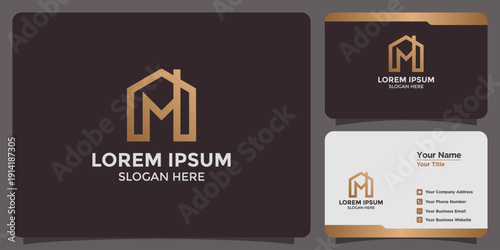 Elegant golden house-shaped logo and business card design for real estate or property business, showcasing a modern and professional brand identity