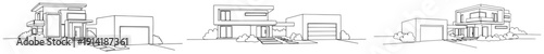 Set of contemporary luxury family houses with garages drawn in simple one line art