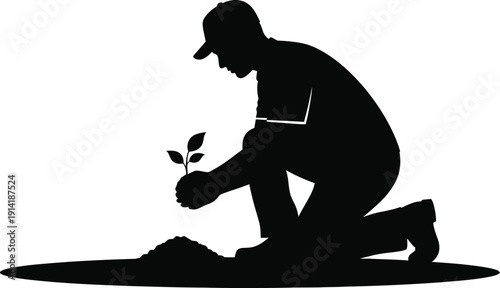 Silhouette of a gardener kneeling and planting a small sprout in the soil, representing growth, new beginnings, and care