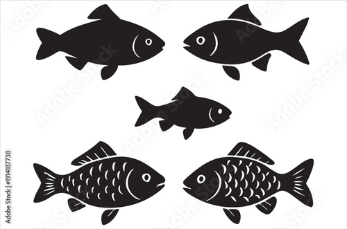 Simple black silhouettes of four fish facing different directions