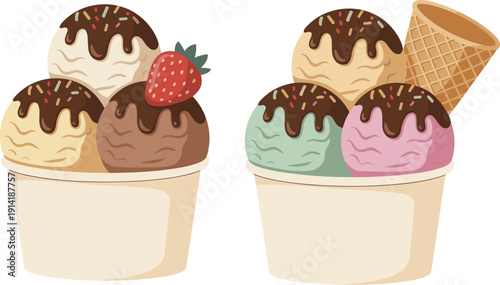 Ice cream scoops with chocolate topping, strawberry and waffle cone, colorful dessert collection, sweet frozen treat illustration for menu design