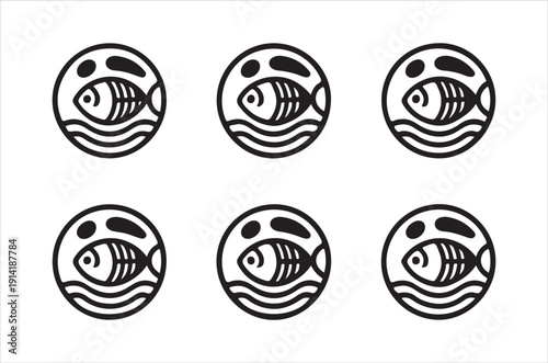 Six circular icons depicting fish swimming in water presented in a grid