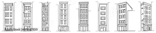 Collection of narrow urban townhouse elevations in minimalist hand drawn line art style