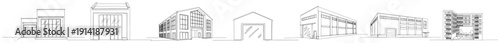 Collection of industrial warehouse buildings and commercial store designs in minimalist vector line art style