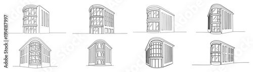 Architectural line art of modern commercial building with curved glass facade windows