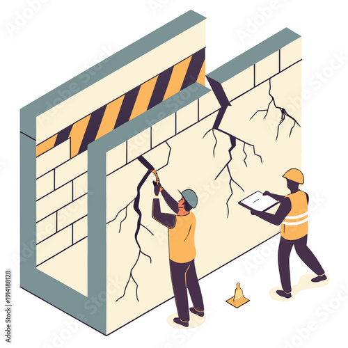 Workers in hard hats inspect and demolish a cracked concrete wall with a hazard stripe