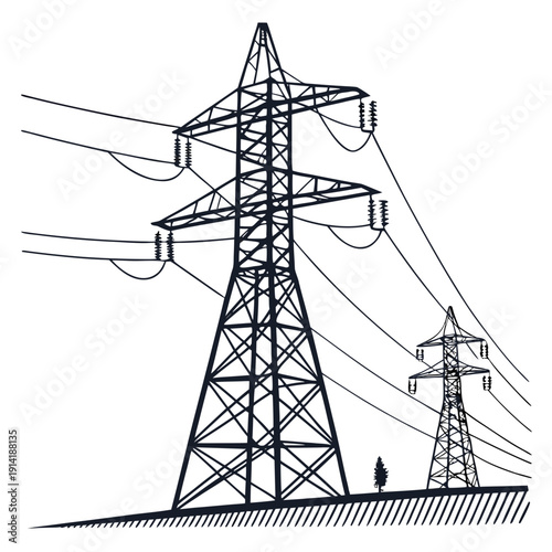 Voltage transmission towers with power lines and insulators on white background