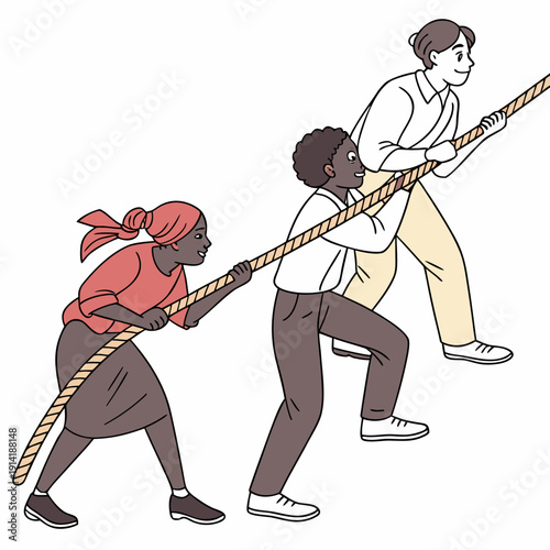 Teamwork tug of war rope pulling diverse group