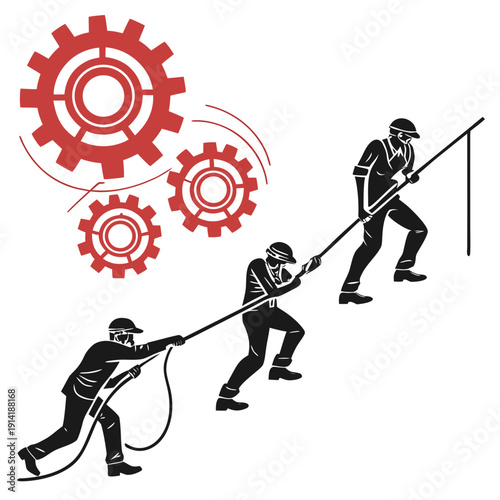 Teamwork tension with gear mechanism and workers pulling rope