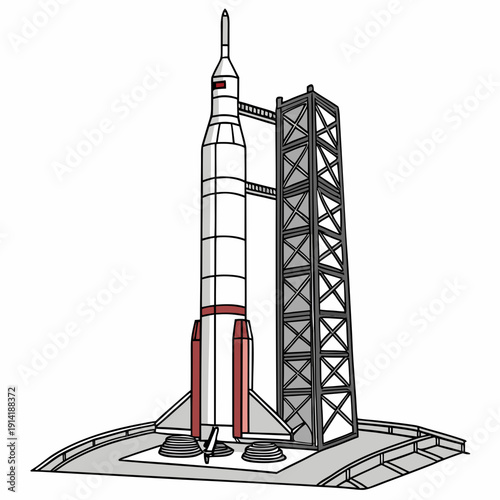 White and red rocket on launchpad with tower space