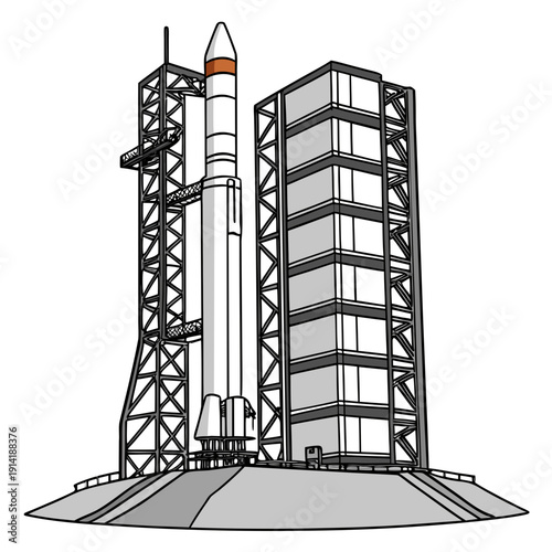 White and orange rocket on launchpad with service tower