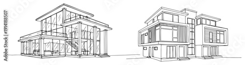 Continuous line drawing of modern glass luxury villas and cubic architecture