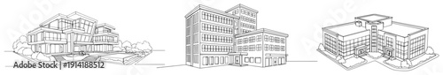 Collection of modern commercial and residential building sketches in perspective line art style