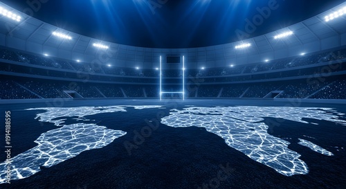Global sports arena digital network connects world map under stadium lights representing international competition
