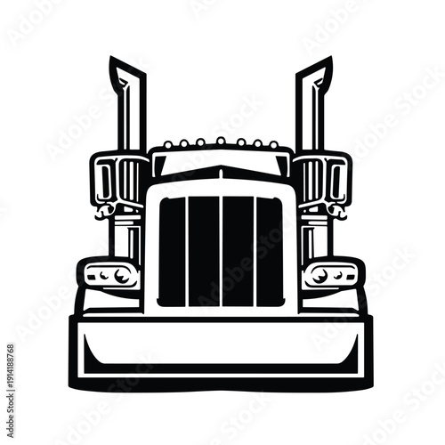 Semi Truck Front View Icon, Black and White Big Rig Vector Illustration