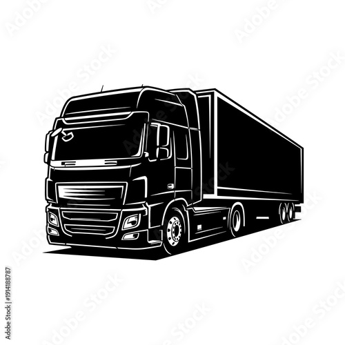 Modern Semi Truck with Trailer, Black and White Freight Transport Vector Illustration