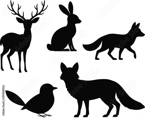 Black vector silhouette set of diverse wild forest animals including a majestic deer rabbit fox and songbird for nature wilderness and hunting branding