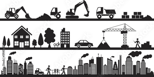 Black vector silhouette set of industrial construction machinery urban building development residential houses and city skyline for civil engineering architectural planning and infrastructure branding