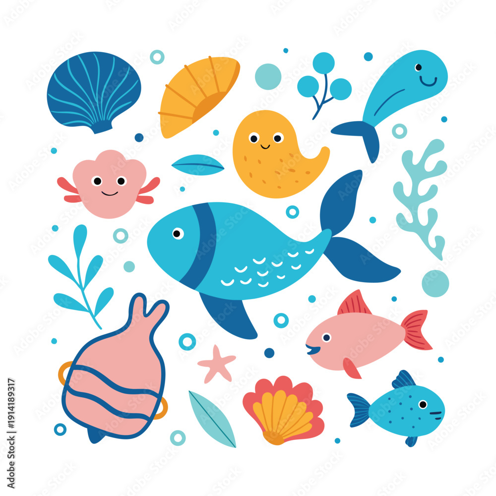 Obraz premium Cute Cartoon Underwater Sea Creatures and Shells 