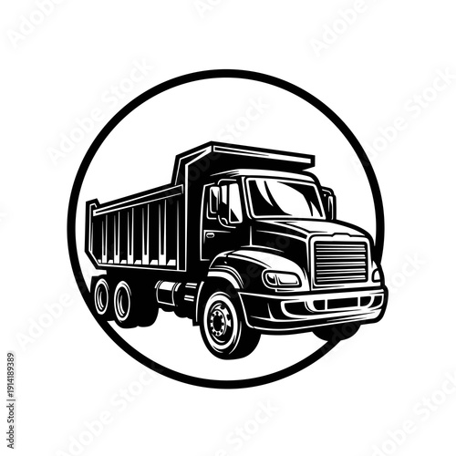 Dump Truck Logo in Circle Badge, Black and White Construction Hauling Vector Illustration