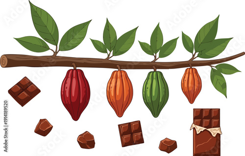 Cocoa pods and chocolate pieces on a branch, artistic illustration of chocolate production and its raw ingredients
