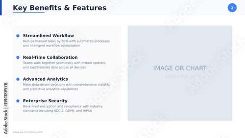 Professional presentation template with title, content, and closing slides. Modern blue design perfect for business, sales, corporate. Includes bullet points, image areas, contact info.