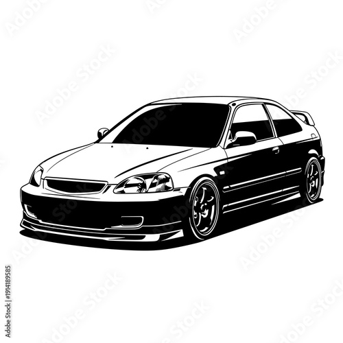 Modified Sport Compact Hatchback, Black and White JDM Tuner Car Vector Illustration