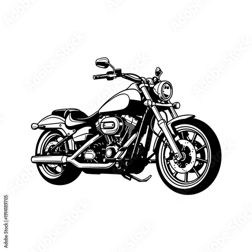 Cruiser Motorcycle Illustration, Black and White Classic Custom Chopper Bike Vector
