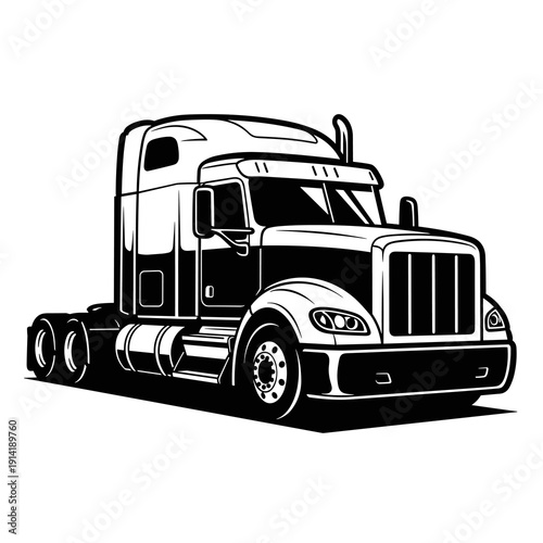Semi Truck Tractor Unit with Sleeper Cab, Black and White Heavy Duty Transport Vector Illustration