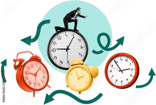 Canvastavla Businessman on large wall clock with colorful alarm clocks and arrows around, in