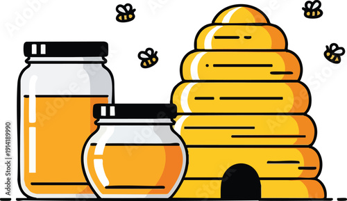 Golden jars of honey next to a beehive with buzzing bees flying around, a sweet and natural illustration