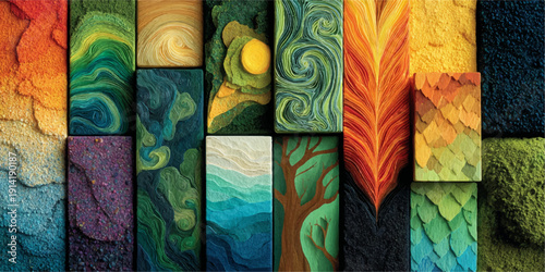 Four distinct panels showcasing vibrant, colorful geometric patterns with shapes and lines creating a dynamic visual experience.